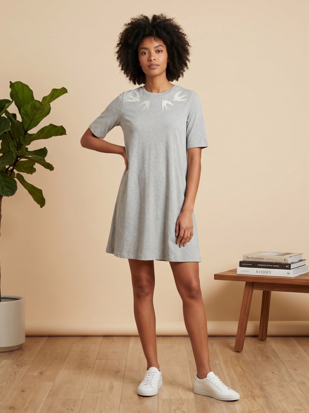 Alexander McQueen Gray T-Shirt Dress with Bird Design medium